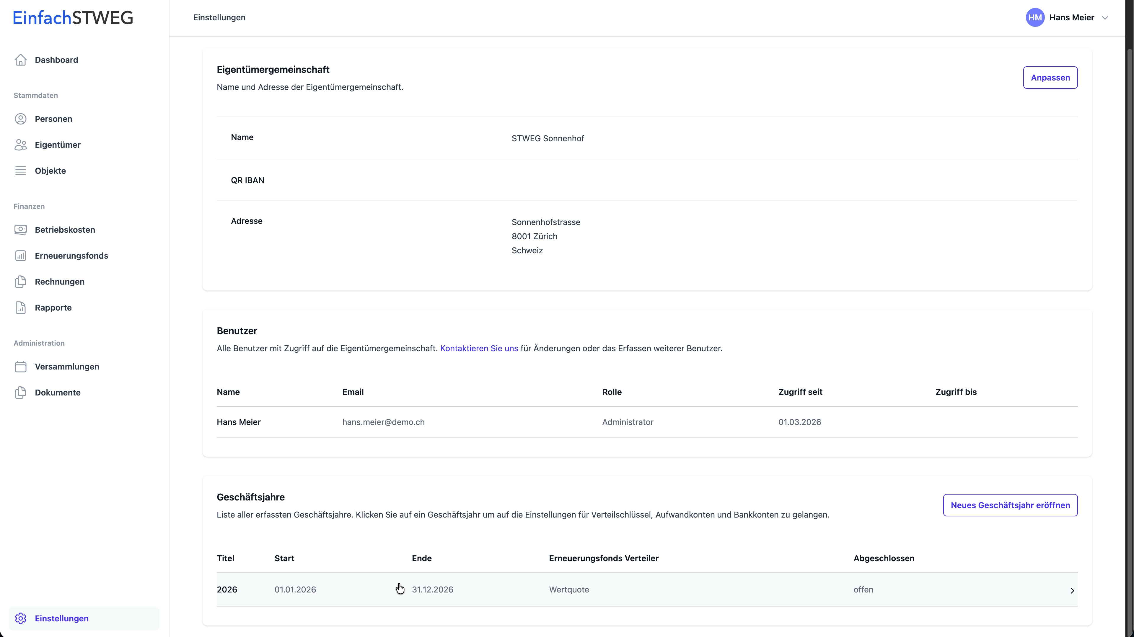 Geschäftsjahr basierte Einstellungen