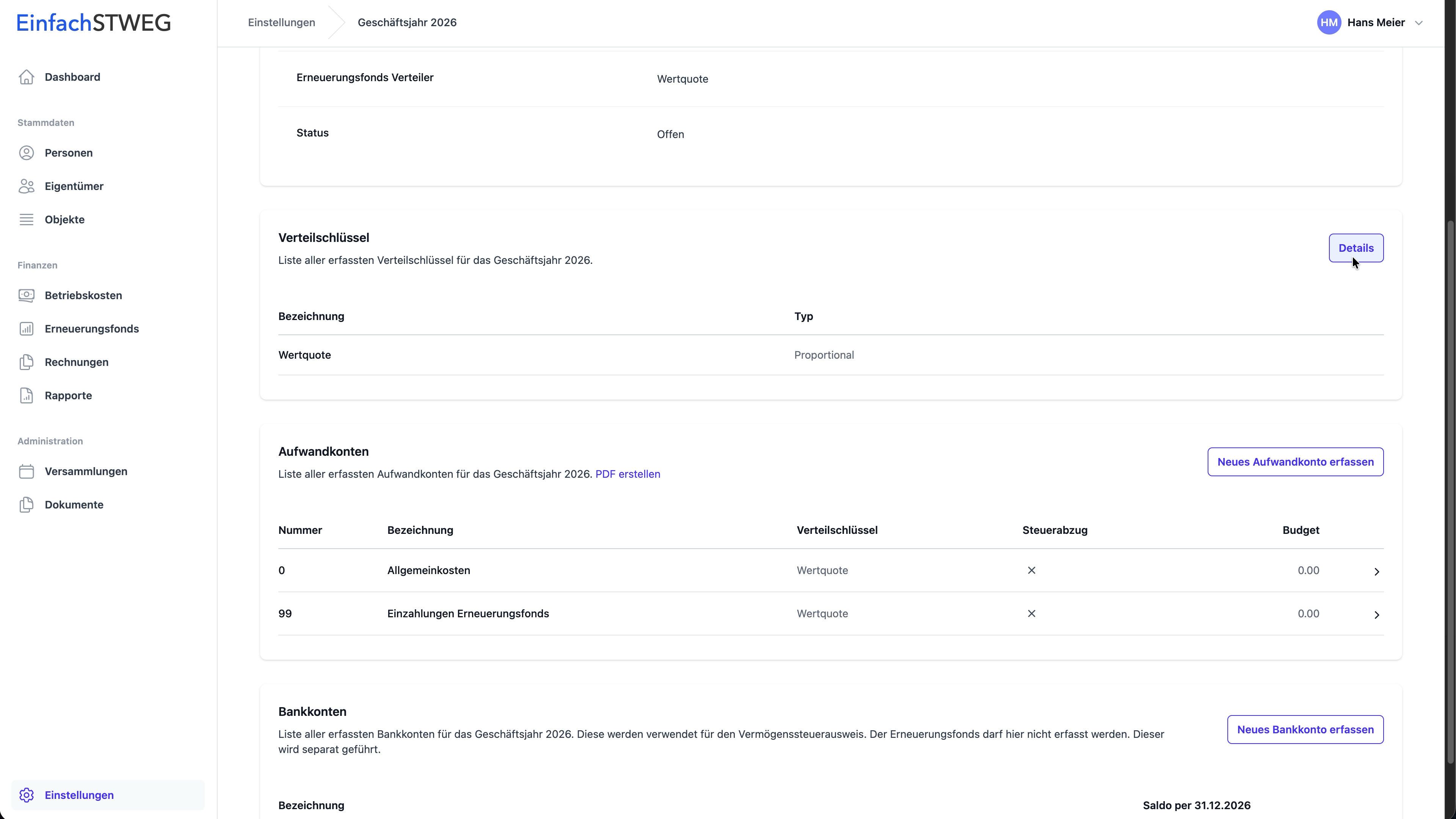 Verteilschlüssel erfassen