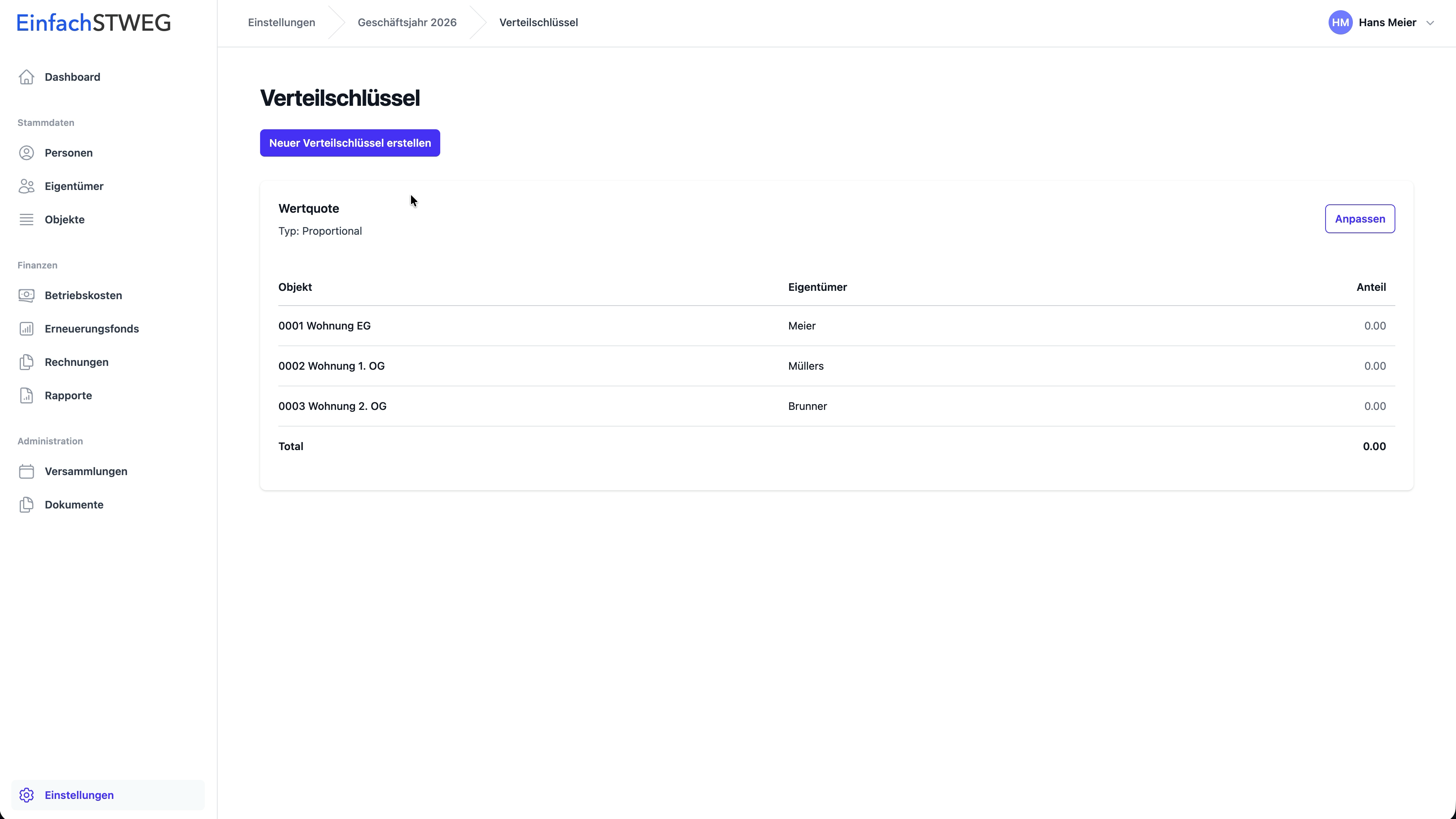 Verteilschlüssel erfassen