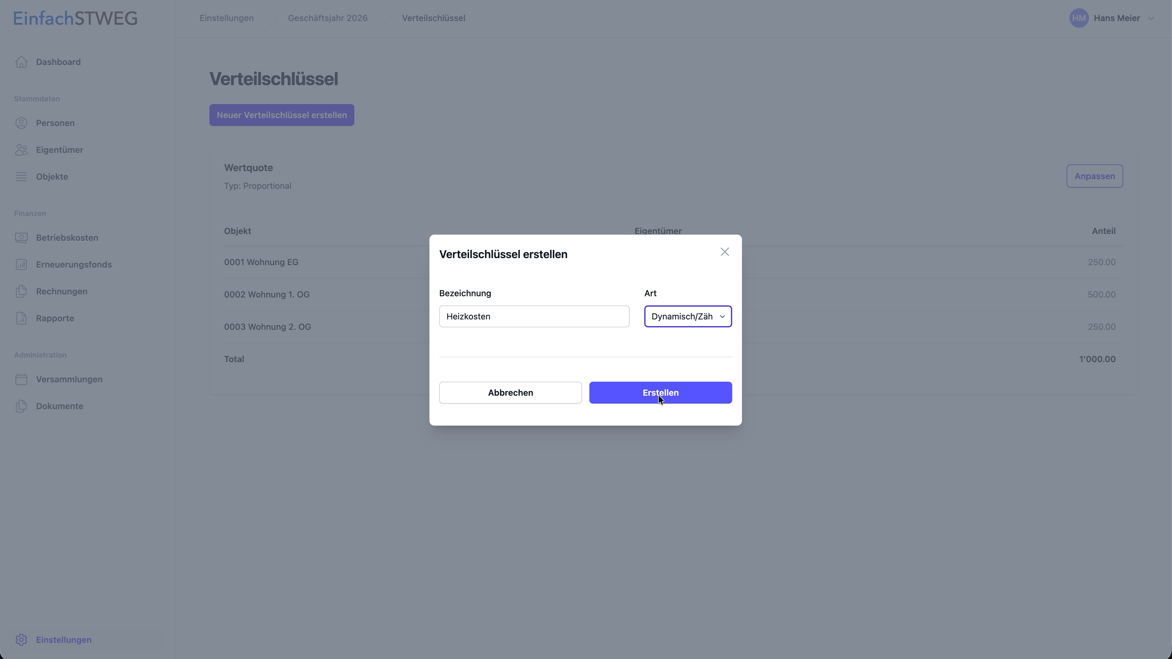 Verteilschlüssel erfassen