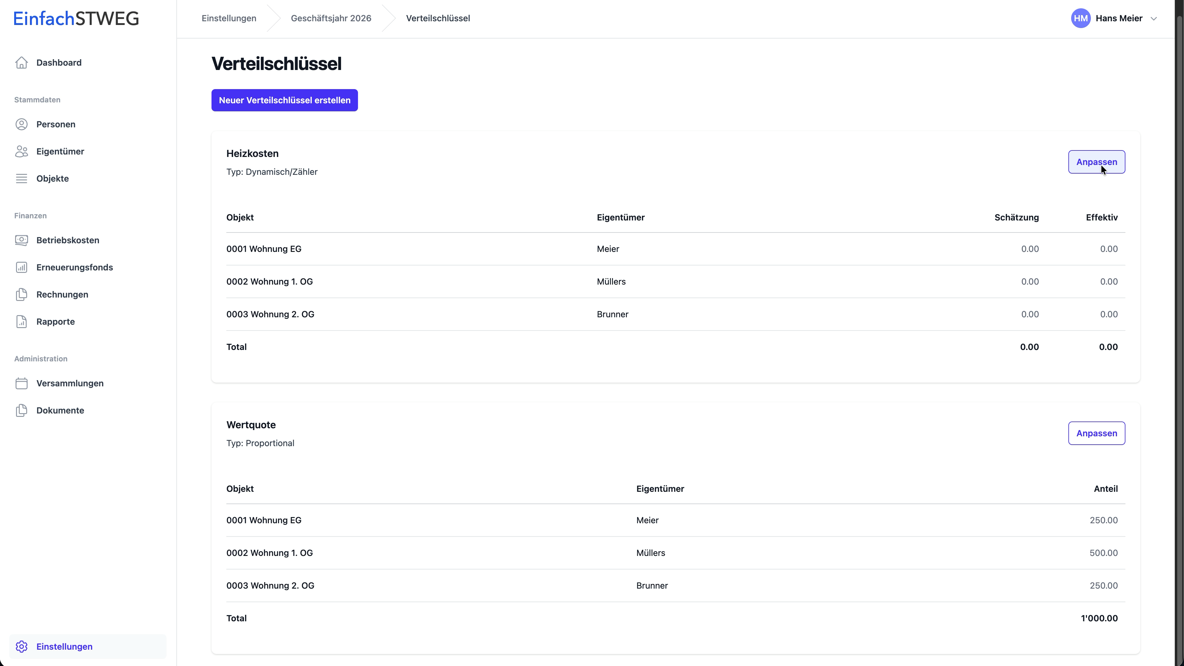 Verteilschlüssel erfassen