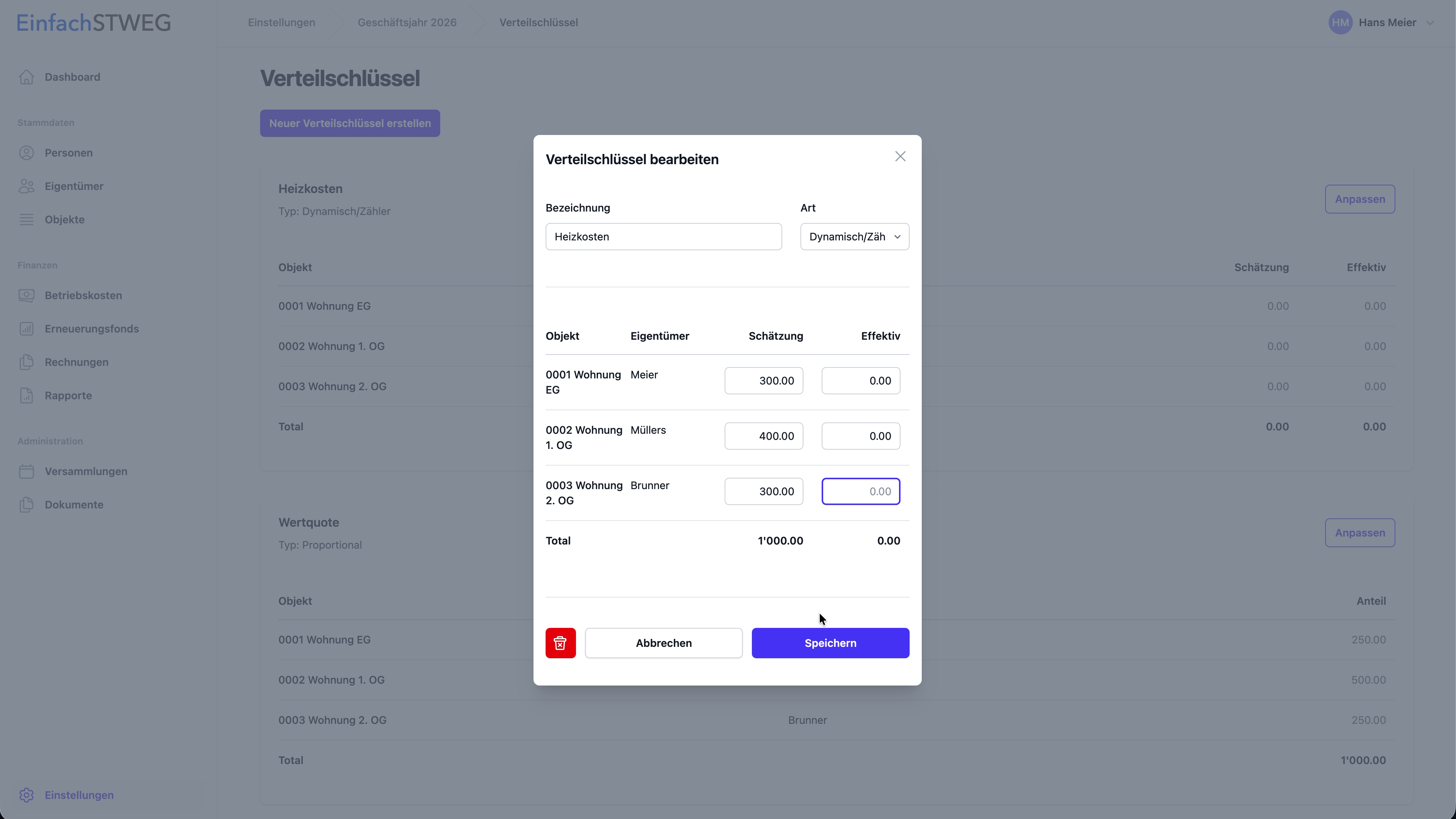 Verteilschlüssel erfassen
