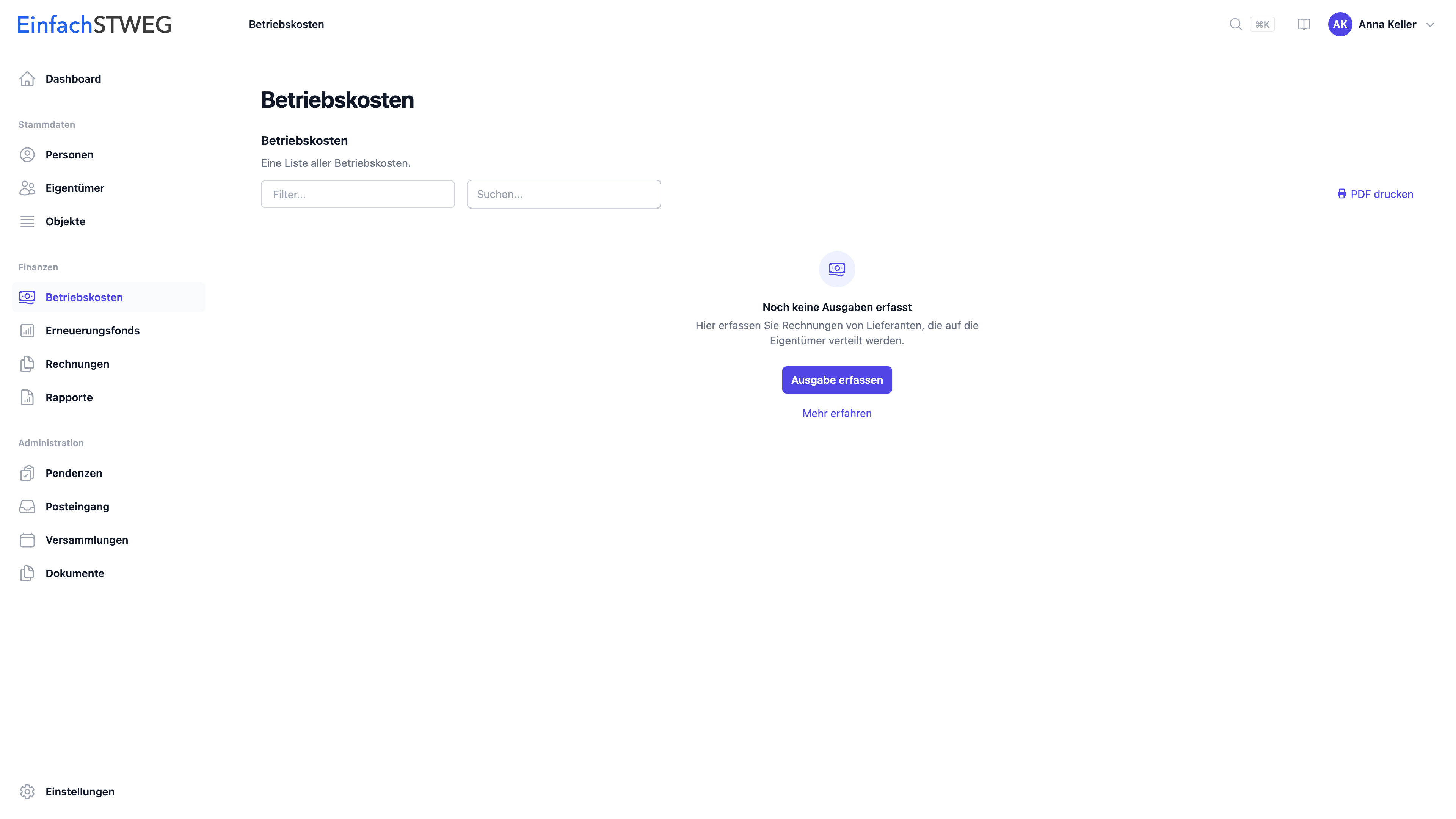 Leere Betriebskosten-Liste mit dem Hinweis Noch keine Ausgaben erfasst und der Schaltfläche Ausgabe erfassen