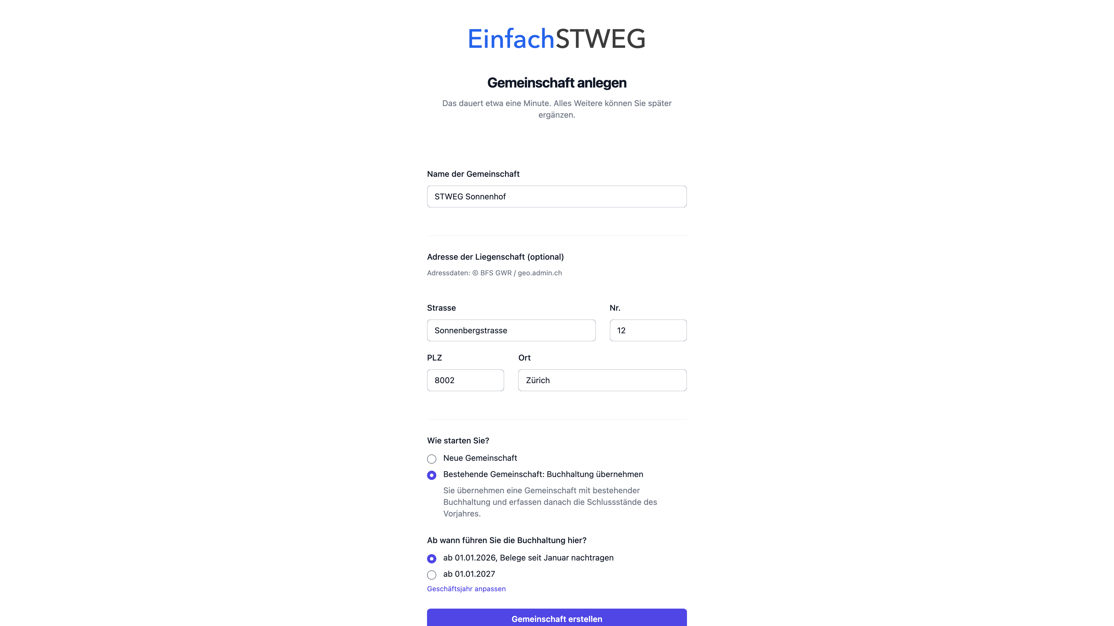 Formular Gemeinschaft anlegen mit Adresse, Startart und Beginn der Buchhaltung