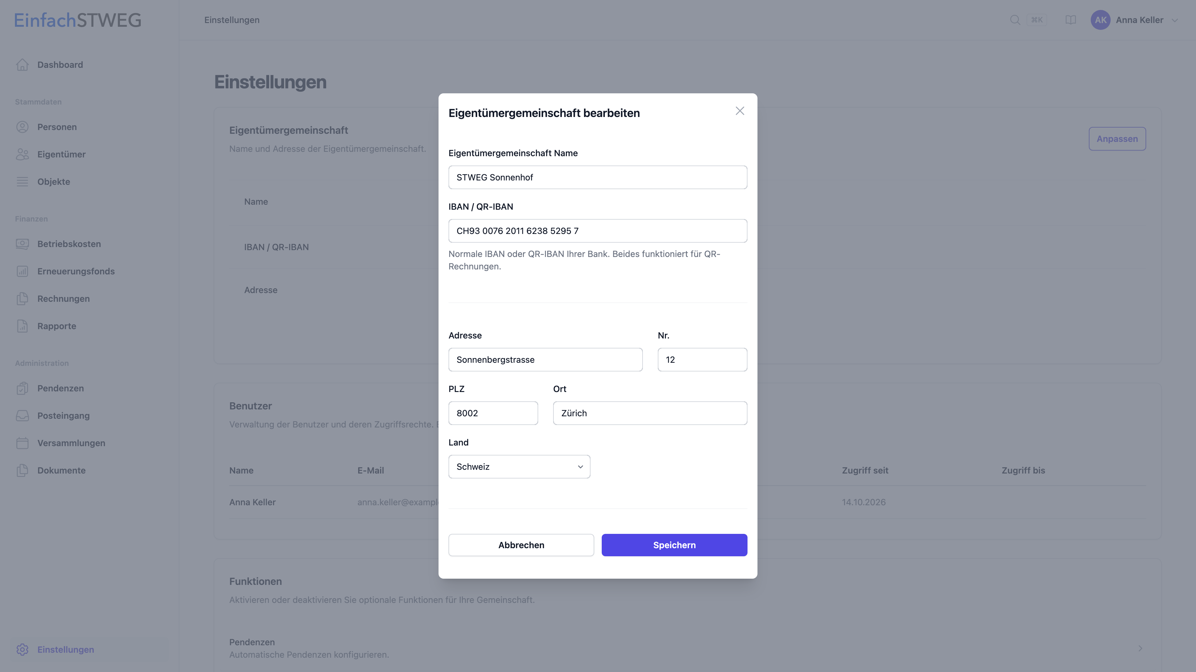Formular Eigentümergemeinschaft bearbeiten mit dem Feld IBAN / QR-IBAN