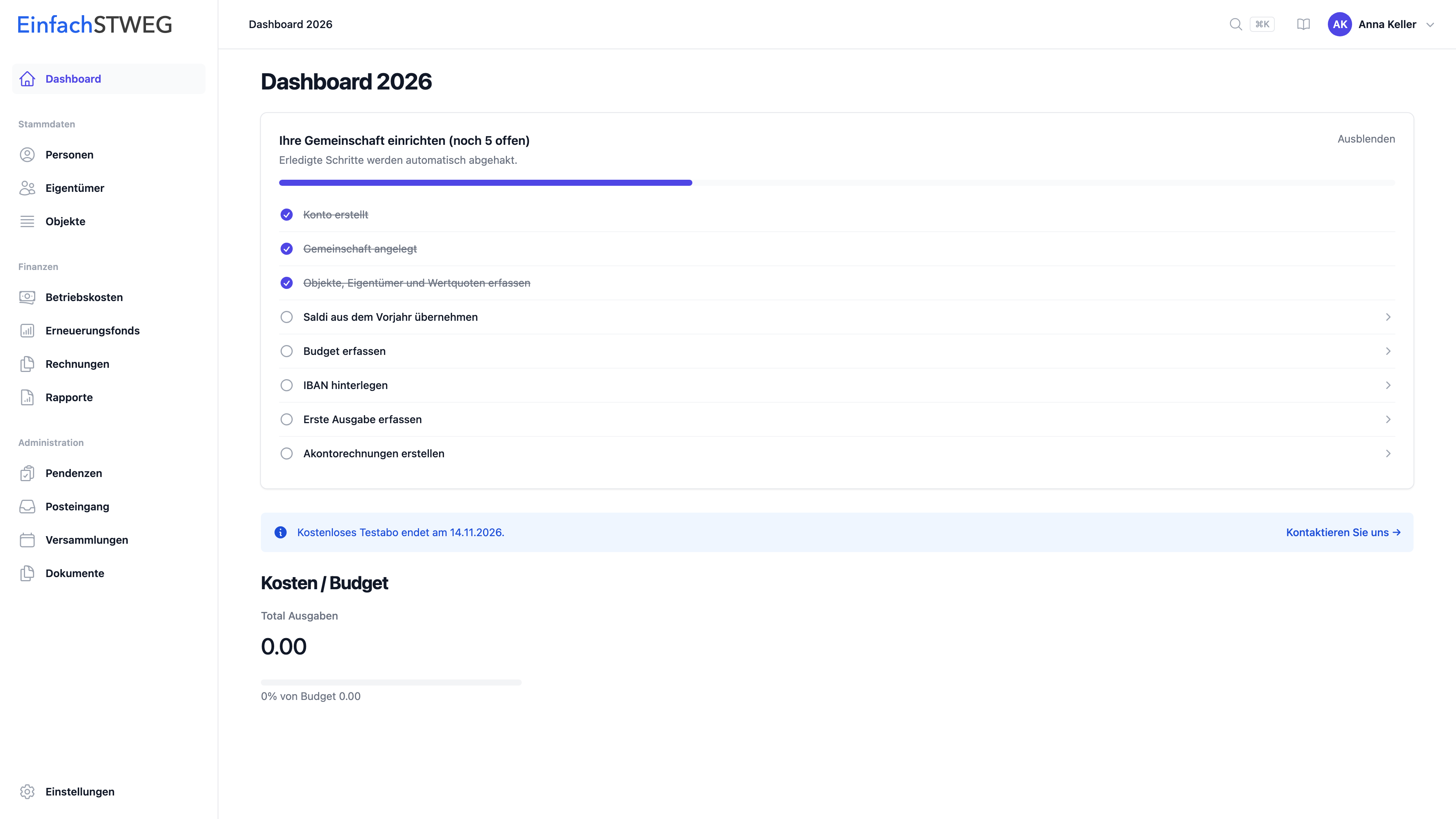 Dashboard mit der Checkliste Ihre Gemeinschaft einrichten